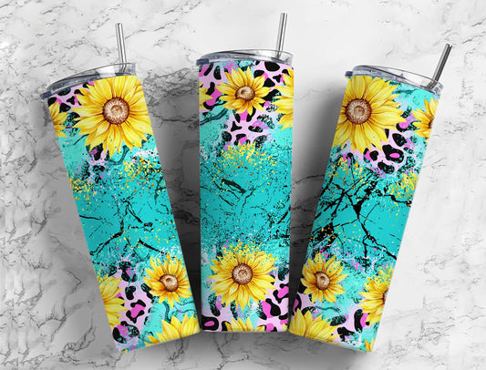 Leopard Print Turquoise Sunflower Stone 20 oz Tumbler 