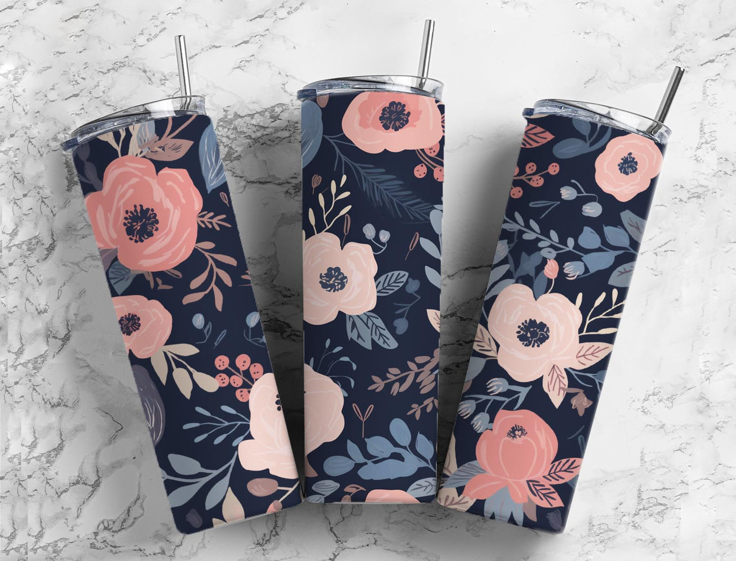 Navy Floral Pattern 20oz Tumbler